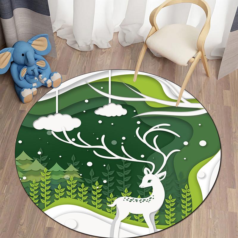 Floor Mat Living Room Rug Children's Crawling Play Area Mat Anime Carpet Door Mat Forest Fawn Round Rug