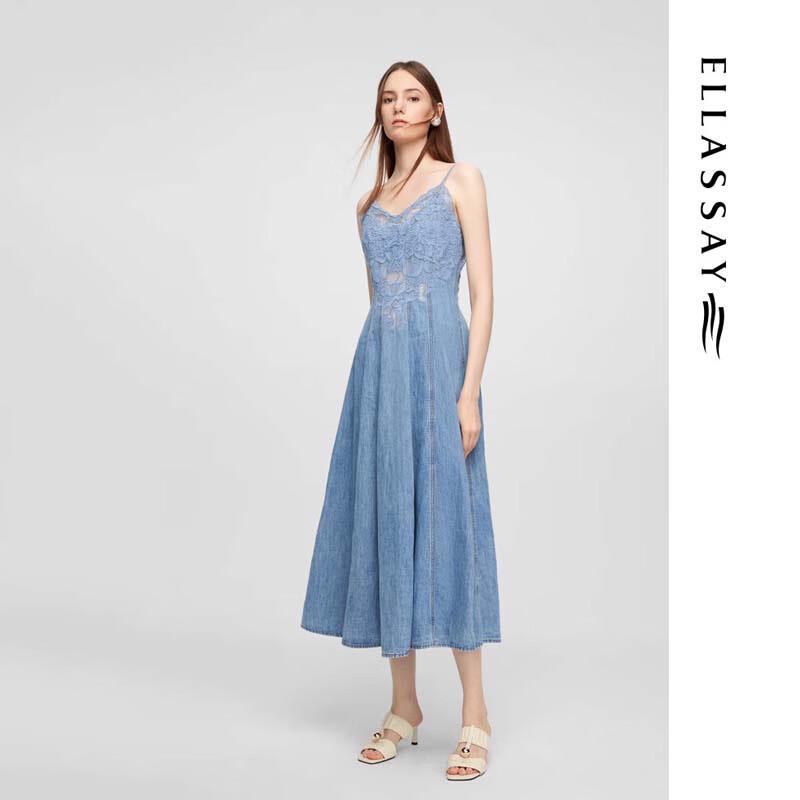 ELLASSAY Women's Elegant Cotton Linen Denim Suspender Midi Dress