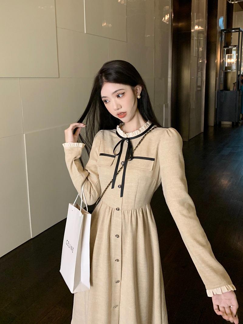 

Платье Xiaoxiangfeng женское осень-зима 2024 года, новое, знаменитое, темпераментное, с тонкой талией и средней и длинной юбкой на шнуровке с длинными рукавами XXL