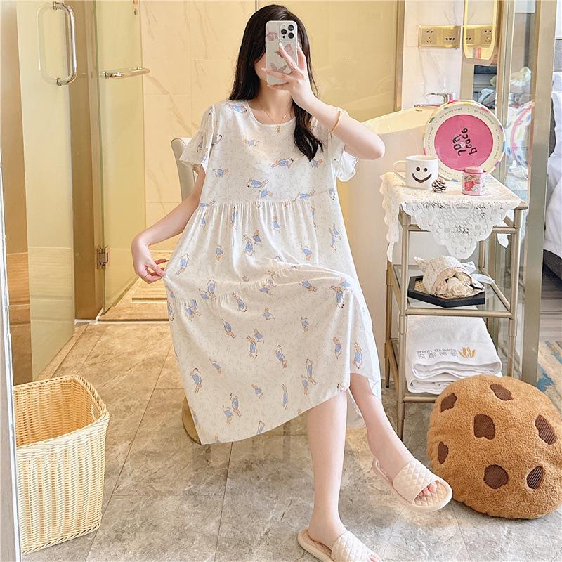 Cotton and silk nightgown women's spring and autumn casual short-sleeved large-size printed pajamas summer thin high-end cotton loungewear
