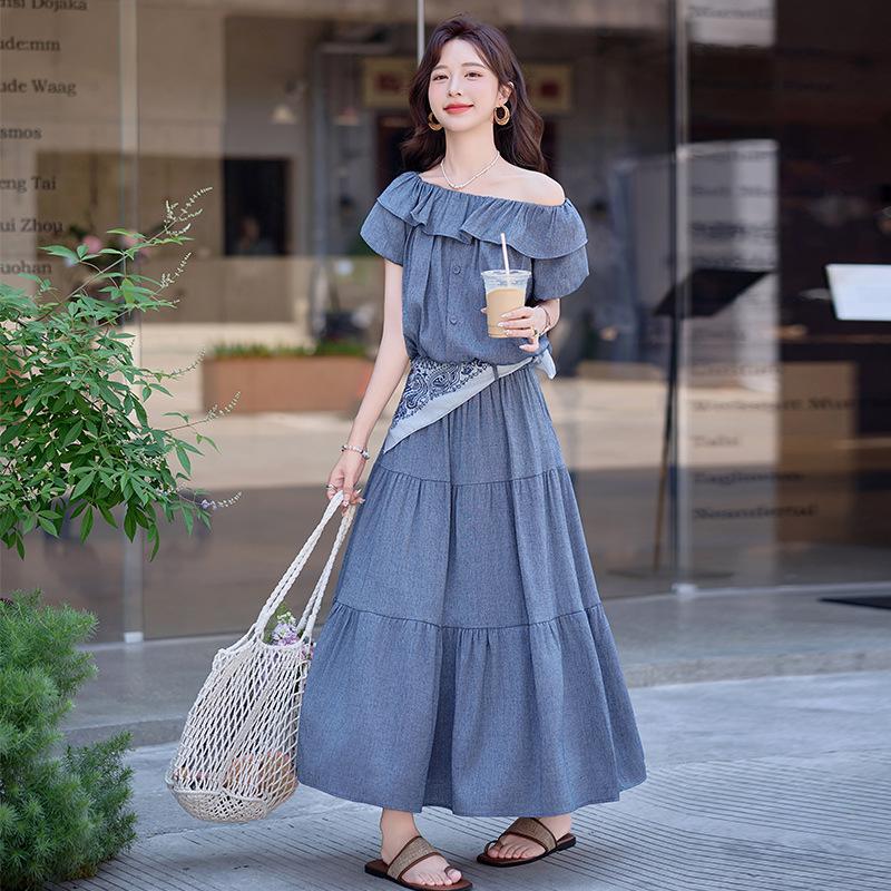 Summer Beautiful Suit Women's New Relaxed Ruffle Edge One-word Shoulder Top Skirt Two-piece Set