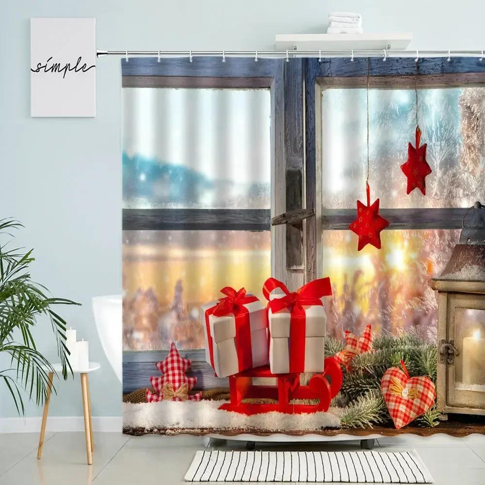 Merry Christmas Shower Curtain Winter Window Scene Snowman Holiday Gift New Year Home Bathroom Decor With Hook Screen Washable