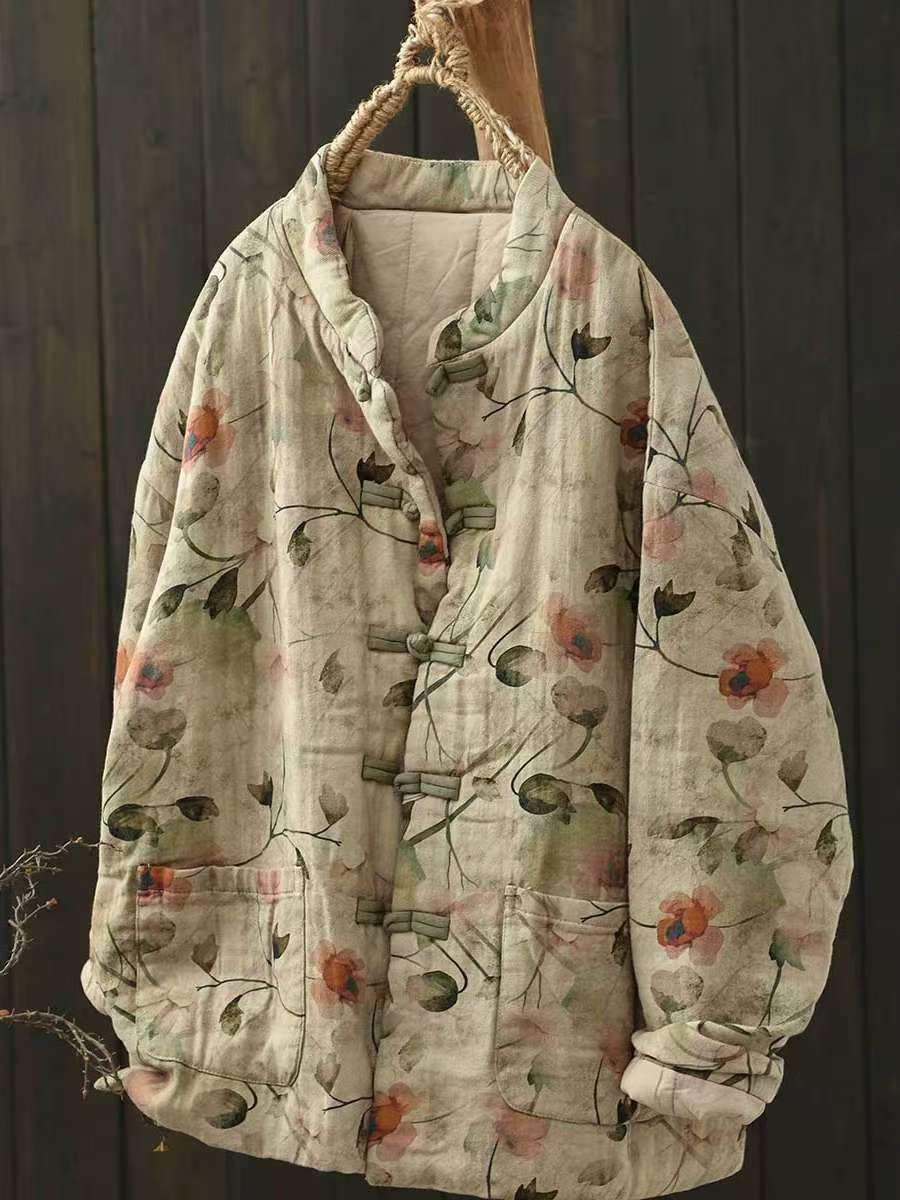 

Johnature Женское зимнее винтажное цветочное принтовое пальто с пряжкой в китайском стиле, свободное однобортное с длинными рукавами One Size зелёный