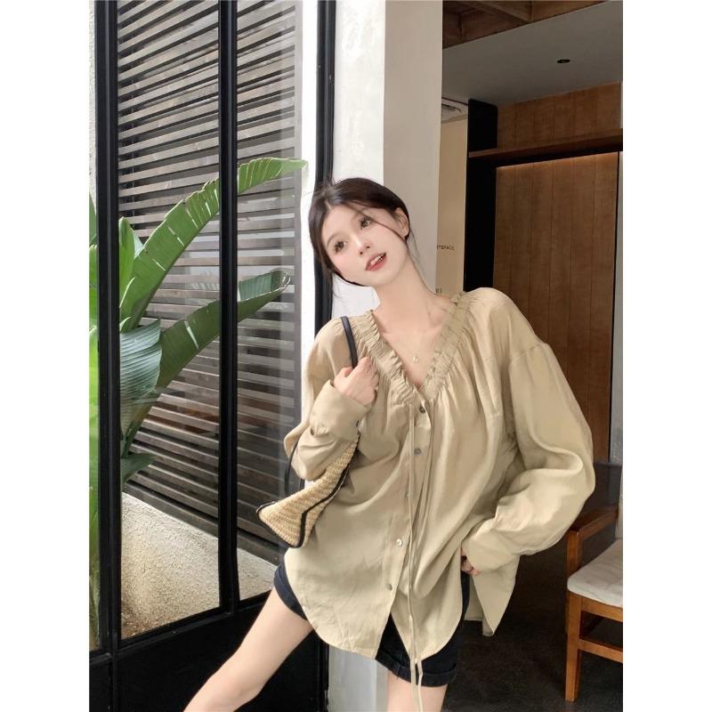 French Ruffled V-neck Shirt for Women Spring and Autumn Buttoned Loose Casual Top