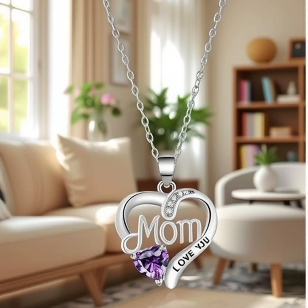 Hot Silvery Geometric Hollow Zircon Heart MOM Pendant Necklace Trendy Fashion Versatile Exquisite Mother's Day Gift Jewelry