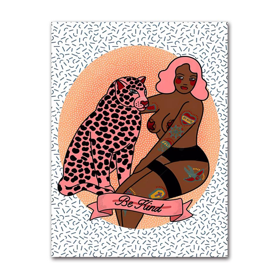 Mermaid Retro Wall Art, Nordic Nude Woman Poster, Printed Images, Living Room, Home Decoration, Oil Painting, Pink, Leopard