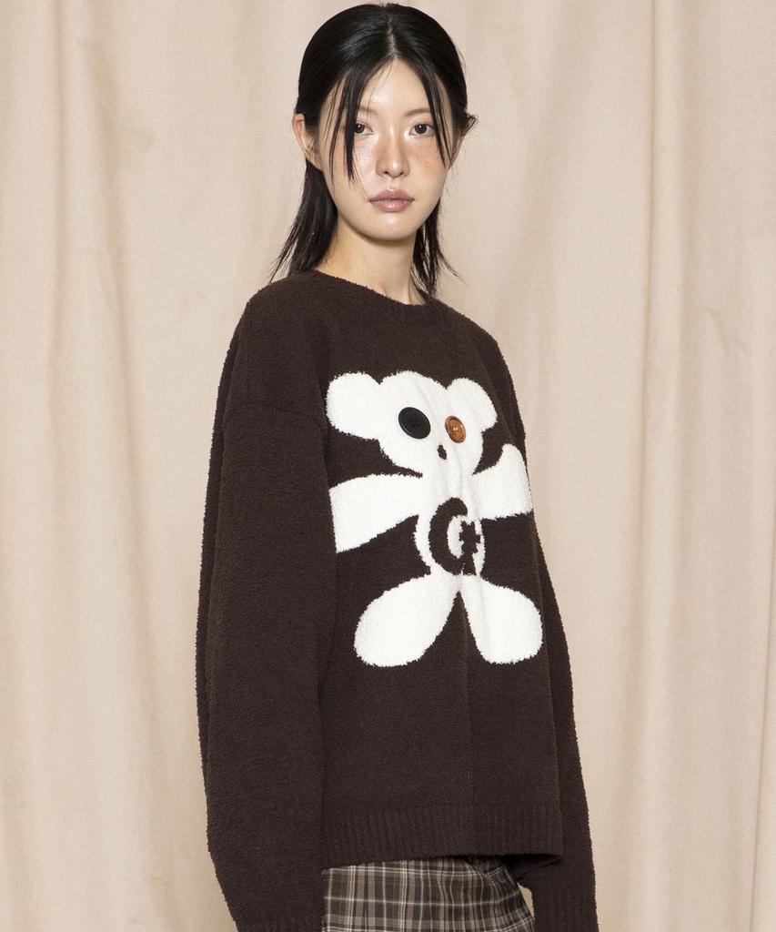 GLACK Gnt073 Button Bear Boucle Pullover Knit (Brown)