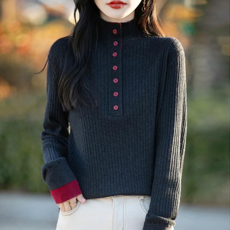 Women's Spring Color Block Knitted Sweater - Plus Size, Layered High-Neck, Half-Open Design