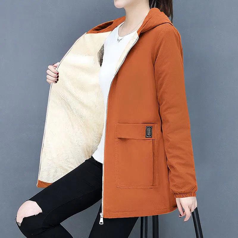 Large Size Women's Autumn Fashion Casual Fleece Jacket Coats Long Hooded Coats