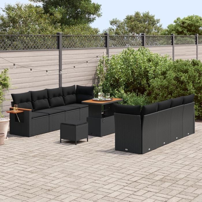 Ensemble de canapé 11 pièces en Poly Rattan noir avec coussins Acacia, Ensemble de salle à manger de jardin 3 pièces en Poly 3365099