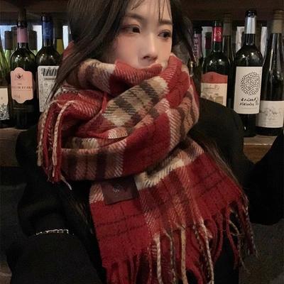 Scarf Women's Winter New Plaid Christmas Red Student Versatile Warm Thickened Scarf Shawl Advanced Sense