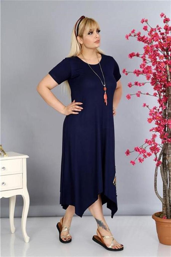 Damen Übergröße Kleid Plus Size Asymmetrischer Schnitt Marineblaues Kleid