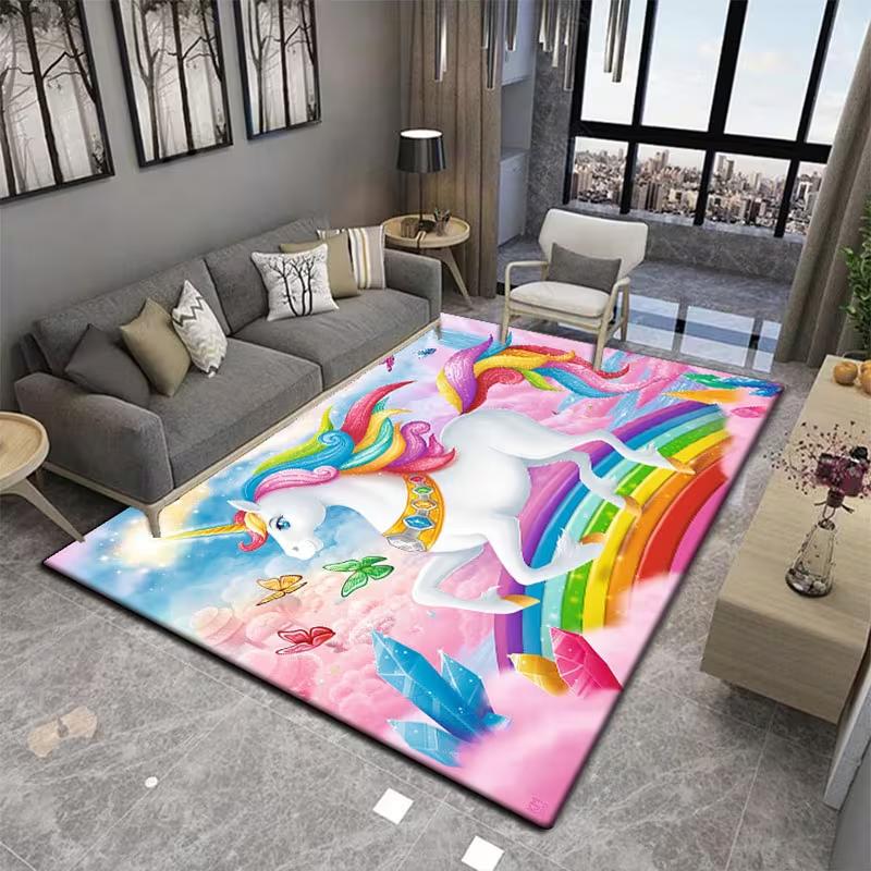 1pc Whimsy Woods Unicorn Area carpet, Cartoon Fantasy Horse Mat for Bedroom, Living Room Entryway - Machine Washable Decor Rugs