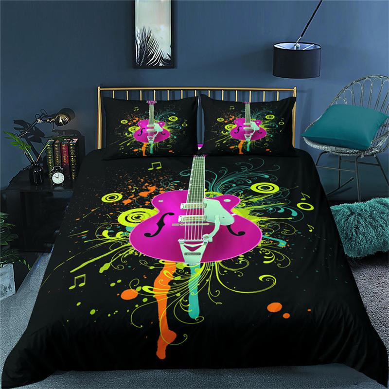 Vintage Guitar Duvet Cover Set Music Theme 2/3Pcs Bedding Set For Kids Teens Adult Microfiber Print Comforter Cover Pillowcase