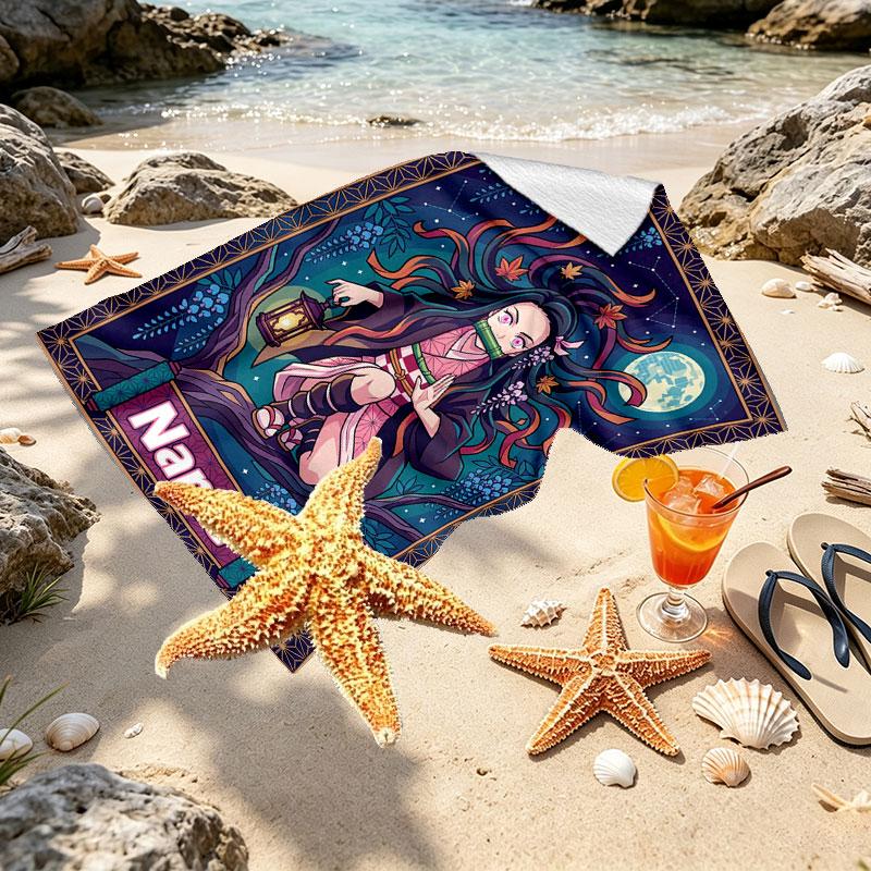 Custom Name Personalized Demon Slayer Anime Print Beach Towel, for Trip Camping Beach Party Home Decor, Birthday Gift for Family & Friends