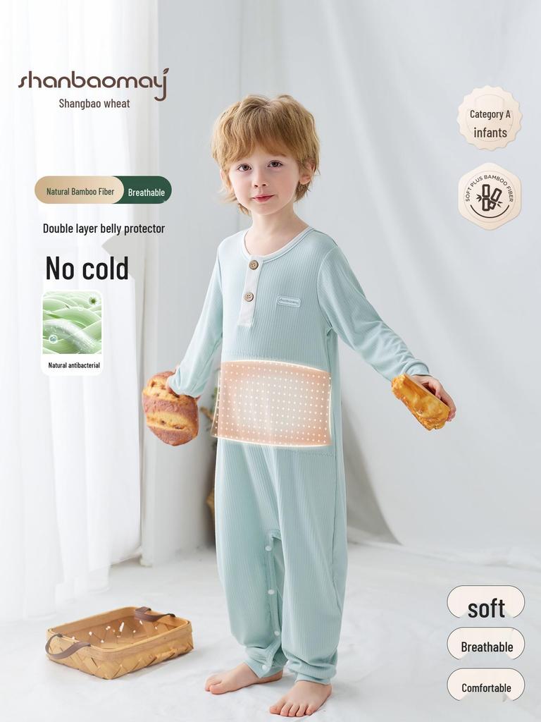 Bamboo Fiber Kid's Pajamas: Cool, Sweat-Wicking One-Piece with Belly Protection for Toddlers & Children (S, M, L) - Ideal for Air Conditioning.