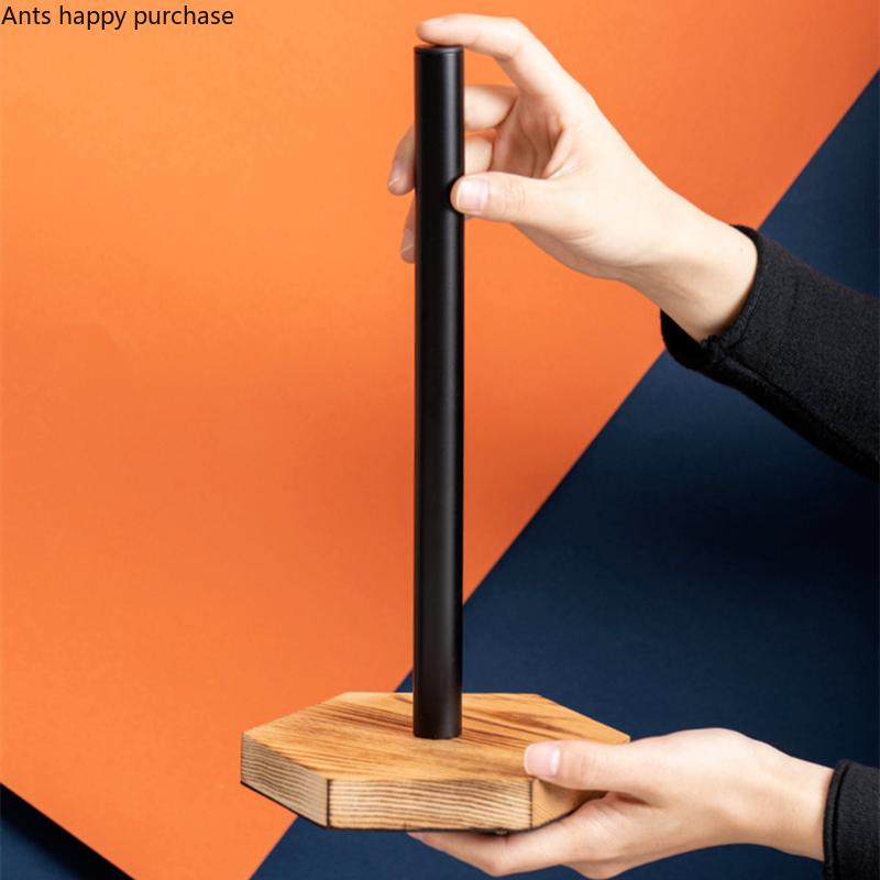 Wood Base Metal Tissue Holder Kitchen Paper Towel Rack Vertical Paper Roll Holder Kitchen Storage Rack Tissue Box Paper Holders