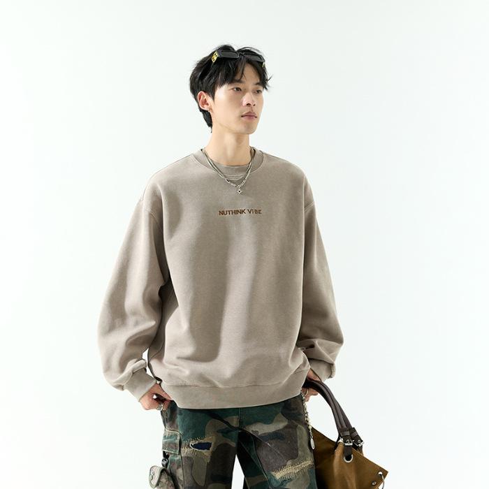 Unisex Trendy American Letter Embroidery Hoodie, Heavyweight & Washed, Perfect for Couples & Students in Autumn.