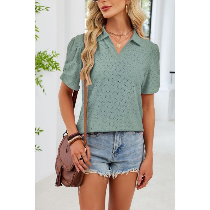 European and American cross-border foreign trade women's summer new V-neck T-shirt puff sleeve loose POLO shirt top