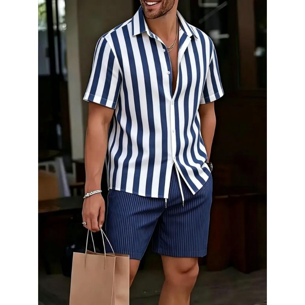 Simple Men Shirt Sets Vintage Stripe Lapel Short Sleeve Casual Shirt Beach Shorts Summer Streetwear Hawaiian Fashion Loose Suits