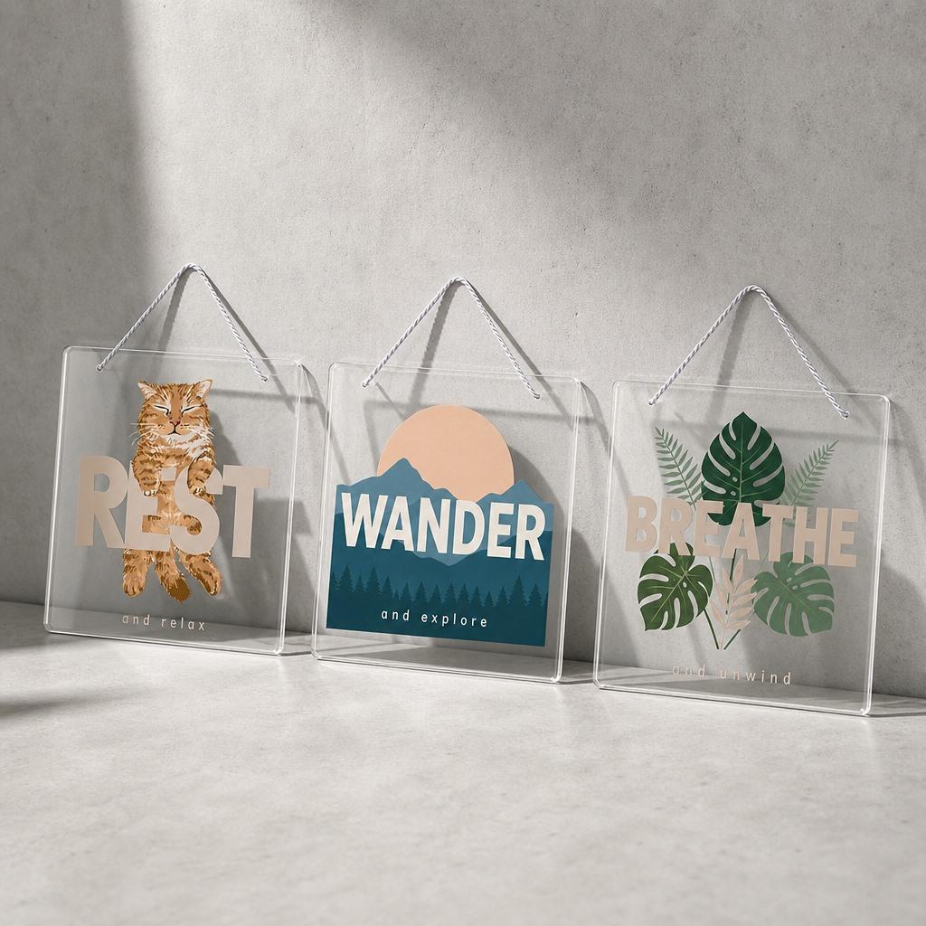 Square Clear Acrylic Wall Plaque Cat Art 20x20cm Smooth Edge Hanging Sign Home Decoration