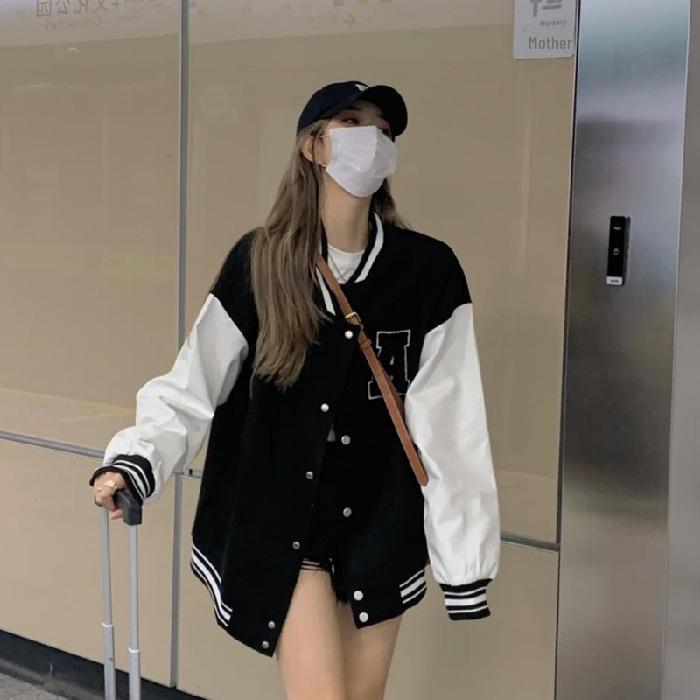 

Женская куртка в стиле ретро в американском стиле для бейсбола - бархат осень/зима, контрастная строчка, повседневный модный стиль Velvet, XL чёрный