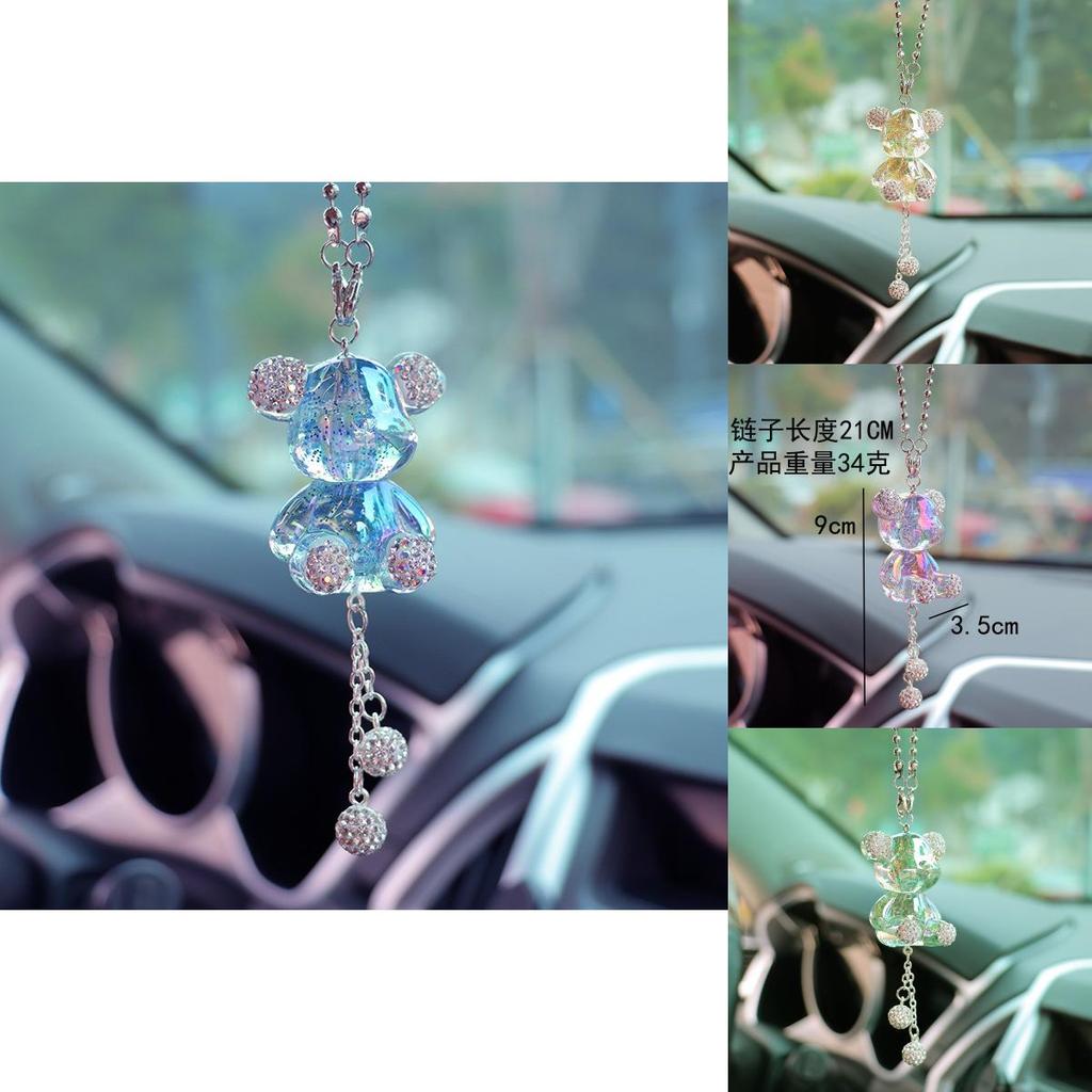 Cute Cartoon Teddy Bear Car Mirror Hanging Ornament Purple Clay Car Pendant With Plastic Rhinestones