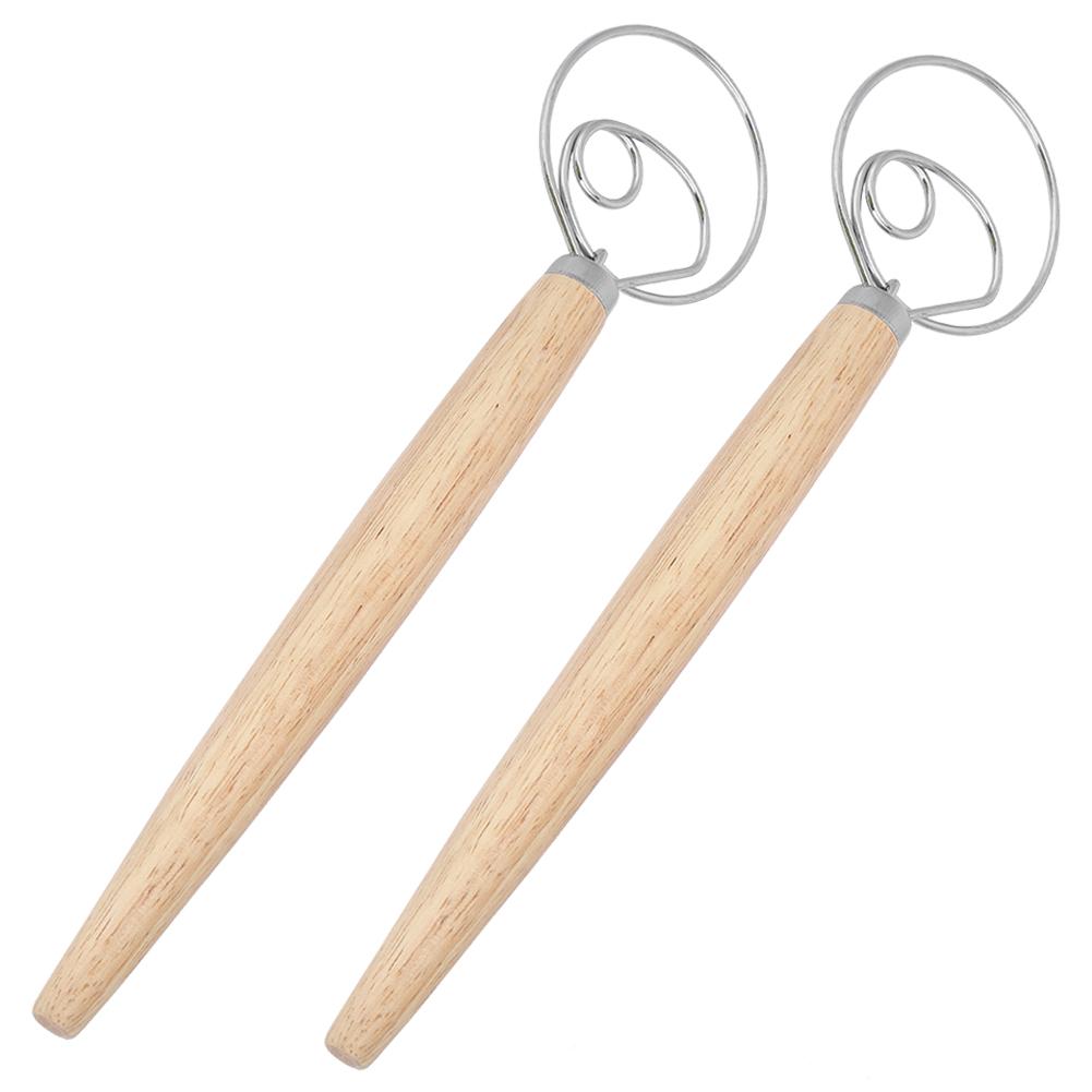 2Pcs Stainless Steel Dough Mixer Blender Manual Eggbeater with Oak Handle Kitchen Accessory