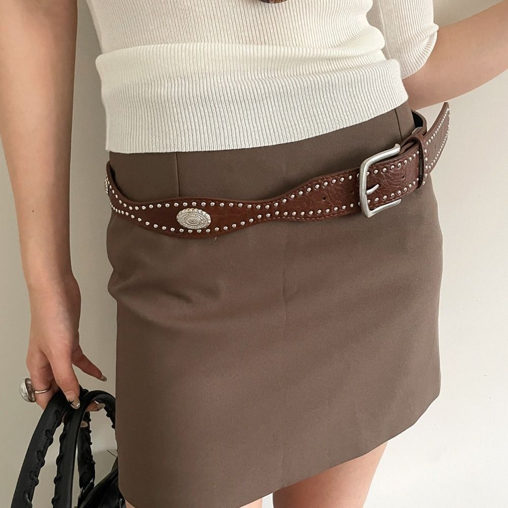 Maillard Women Rivet Belt Vintage Punk Style Belt Fashion Wide Leather Waistband Pants Accessories