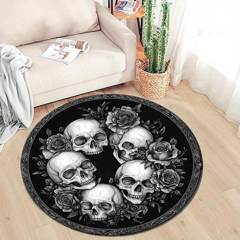 Black and White Rose Skull Print Round Carpet Chair Mat, Non-Slip Polyester Home Decor for Bedroom and Living Room