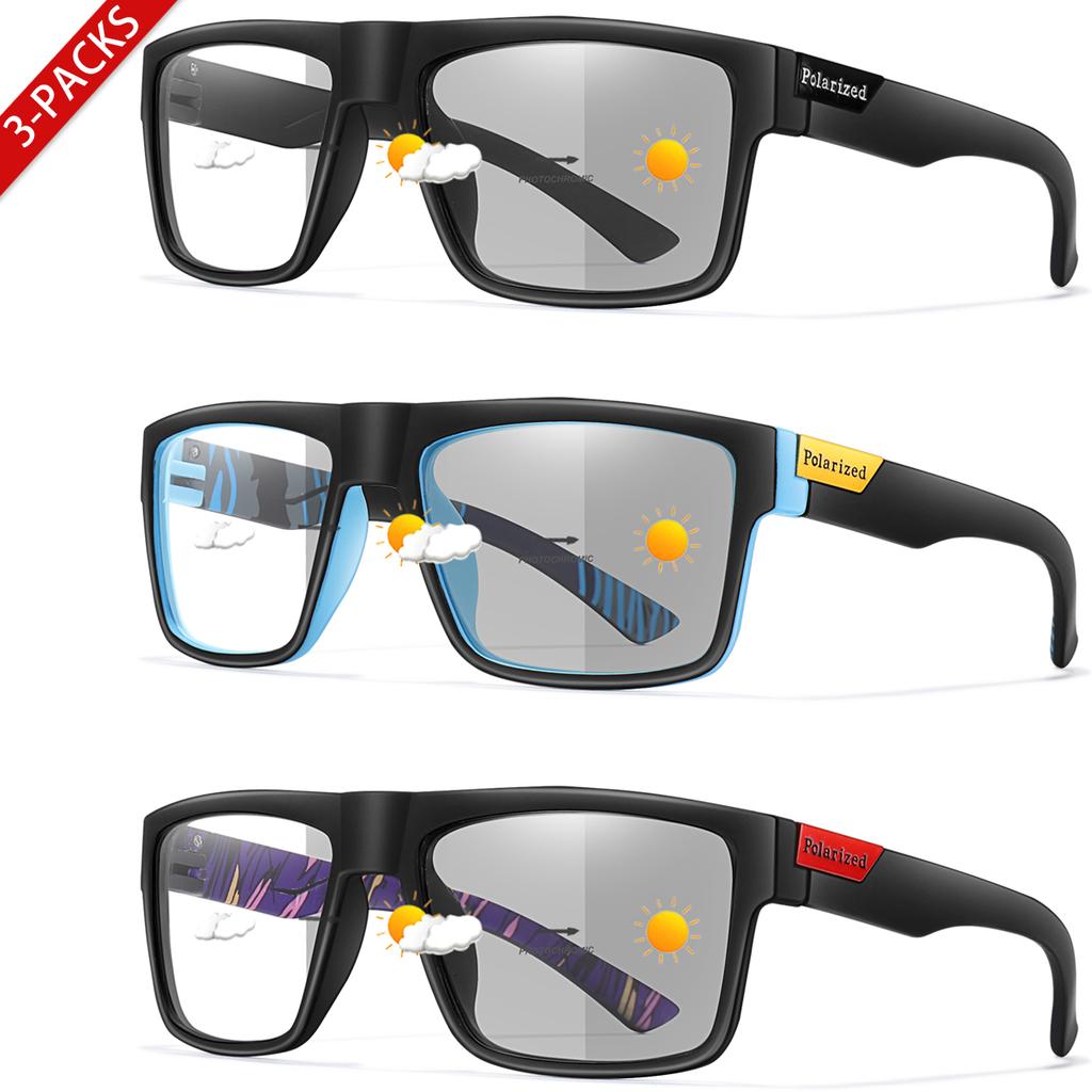 3-Pairs Classical Square Photochromic Sunglasses Outdoor Sports Cycling Running Driving Men Women Festival Party Wear Eyewear