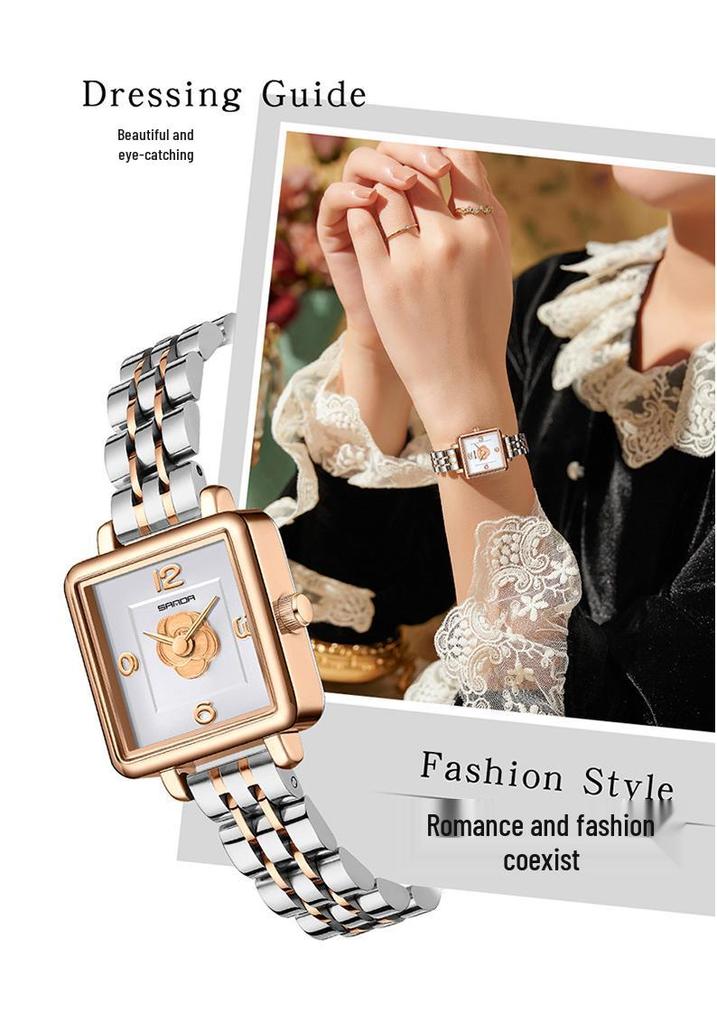 Sanda Women's Retro Waterproof Quartz Watch - Small Square Elegant Rose Dial