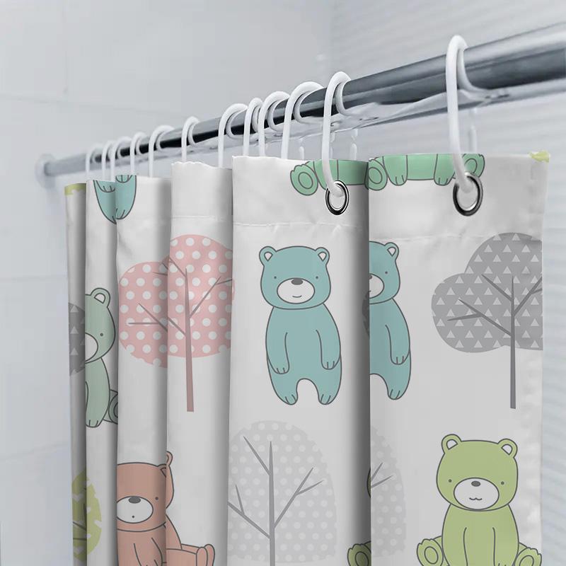 Teddy Bear Tree Print Shower Curtain For Bathroom Decor Green Blue Pink White Gray Home Decoration Waterproof Fabric Extra Long