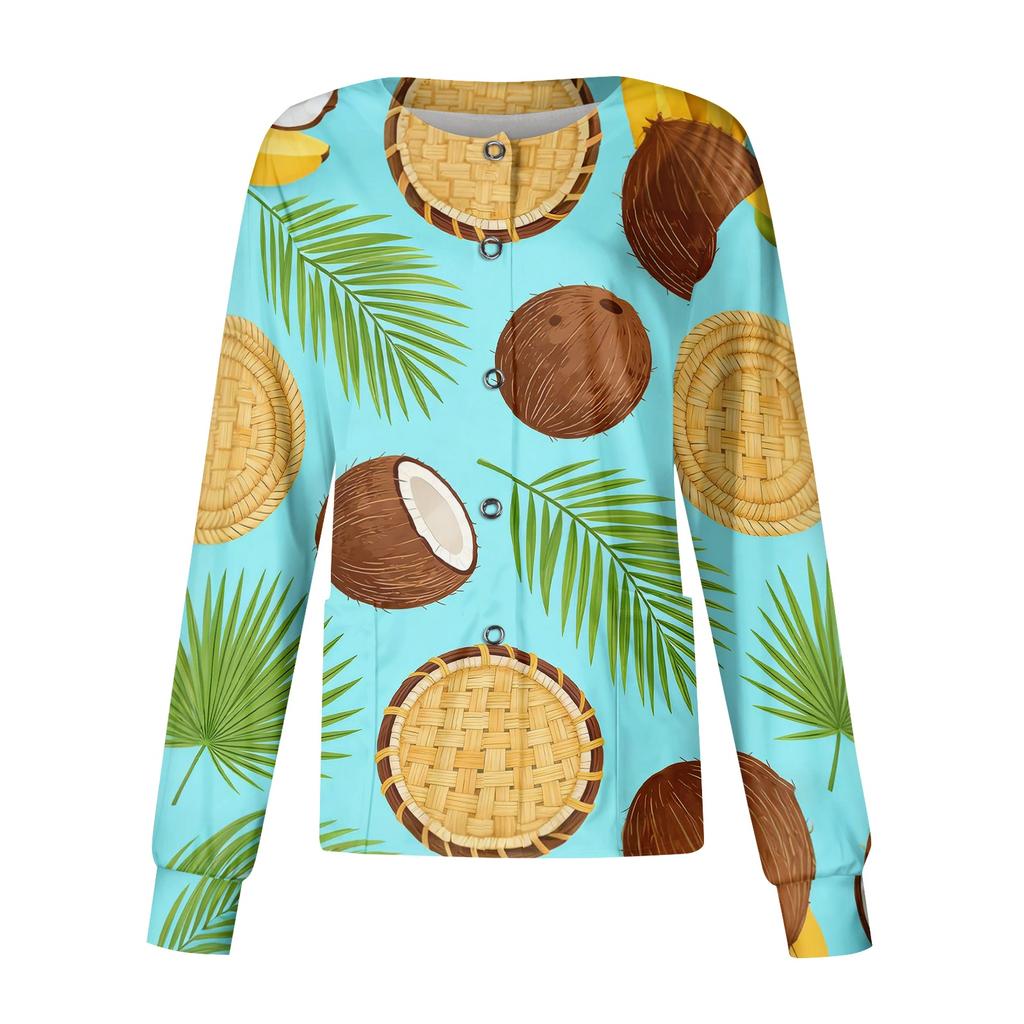 Women's Casual Long Sleeve Hawaiian Floral Print Single Button Scrub Cardigan Top for Uniform