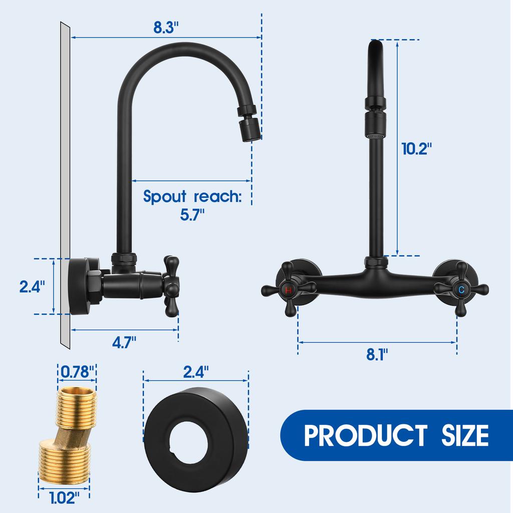 Matte Black Brass Wall Mounted Kitchen Faucet with Dual Cross Handles Swivel Spout and Ceramic Valve Core