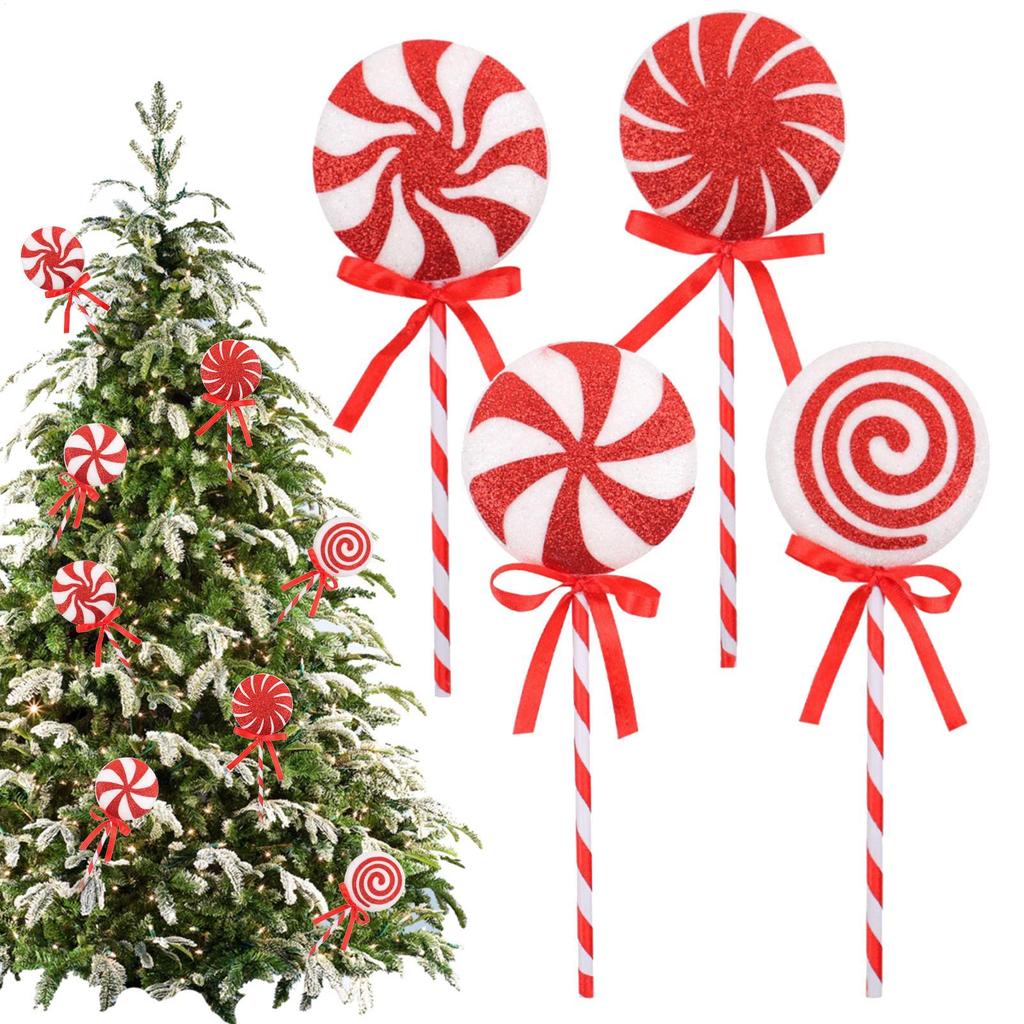 4pcs Christmas Tree Lollipop Decoration Red And White Color Foam Lollipop Big Stick Candy Props For Home Party Decor Xmas Gift