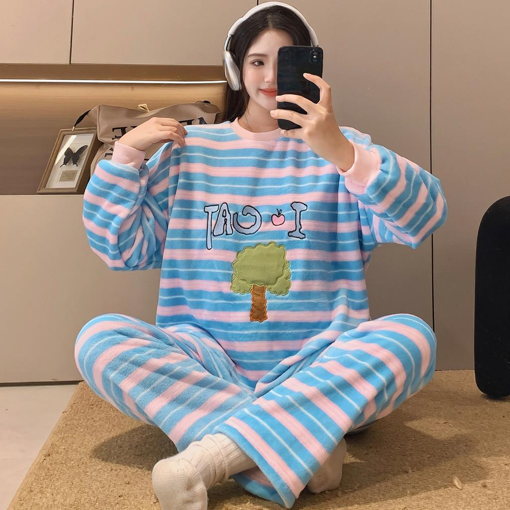 New 2025 Autumn Winter Warm Flannel Women Pijama Sets Thicken Coral Velvet Long Sleeve Cute cartoon purple Sleepwear Set Thin Flannel Pajamas Set
