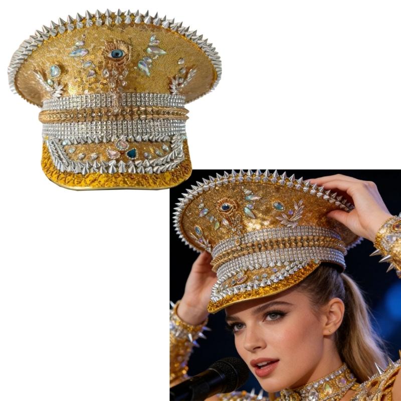 Steampunk Beret with Rhinestones Embellished Eye Design Costume Hat for Themed Parties and Cosplay Event