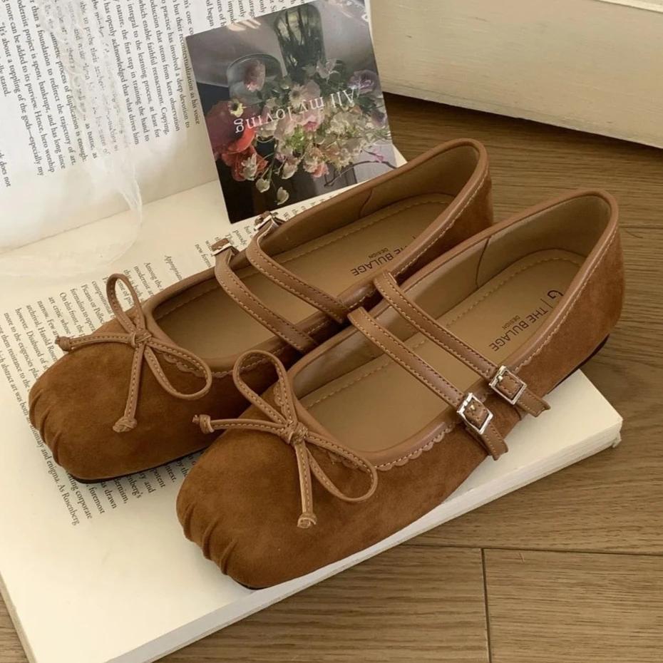 Retro Suede Square Toe Ballet Flats Women Fashion French Style Bow Belt Buckle Mary Jane Shoes Comfort Soft Sole Ballerinas Shoe