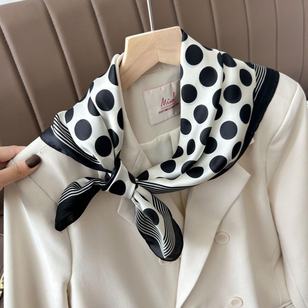 Luxury Black White Polka Dot Square Scarf Elegant Style Thin Silky Neck Scarf Casual Decorative Hairband For Women