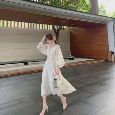 2025 French Style Puff Sleeve White Dress - Elegant Slim Fairy Princess Design