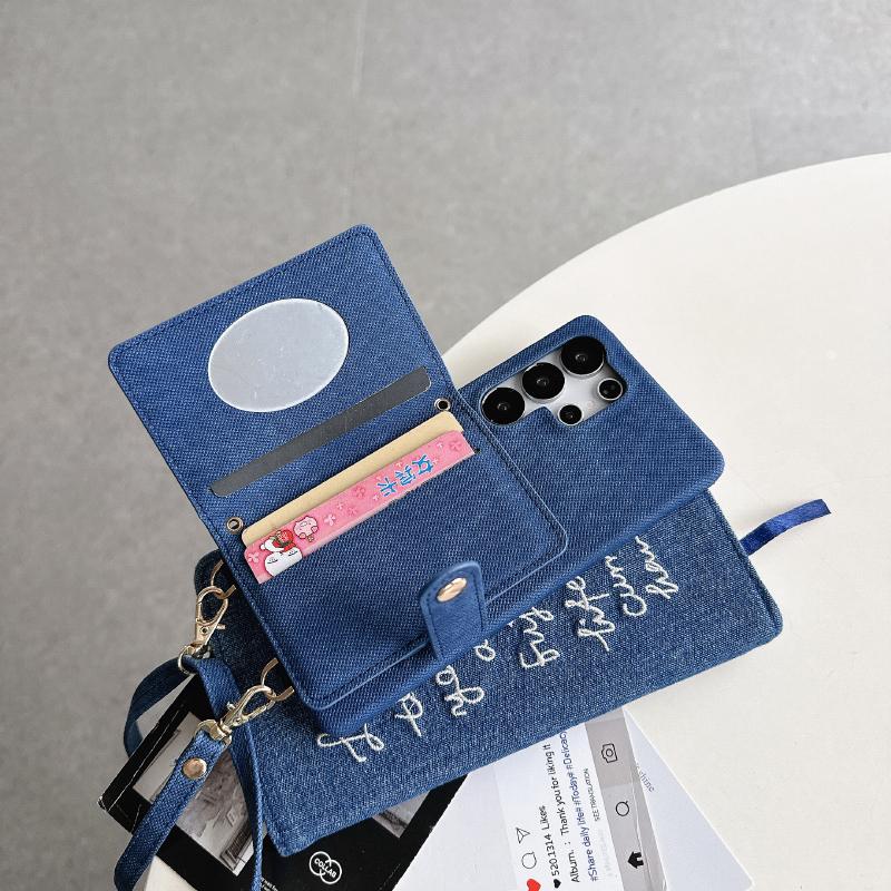 Luxury Solid Color Denim Wallet Card Slot One Buckle Lanyard Phone Case For Samsung S25 Ultra S23 S24 Ultra Bumper Back Cover
