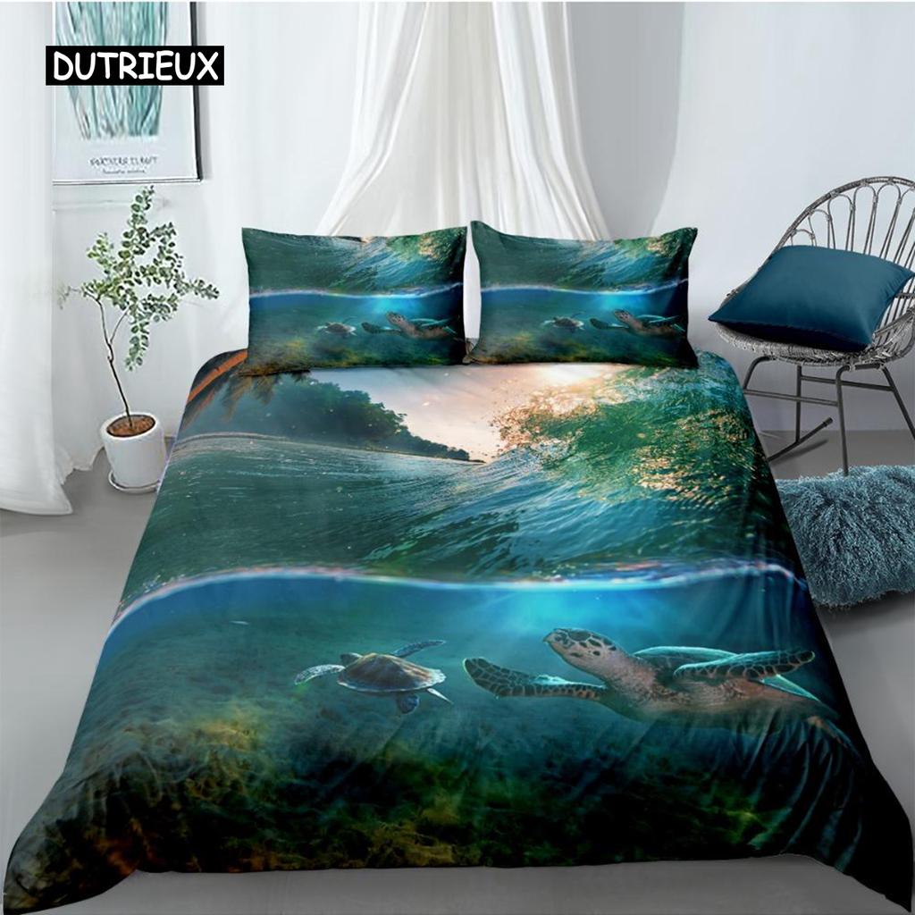 Ocean Duvet Cover Set Queen Double Size Polyester Ocean Animals Fishes Tortoise and Rainbow Color Coral Printed Comforter Cover