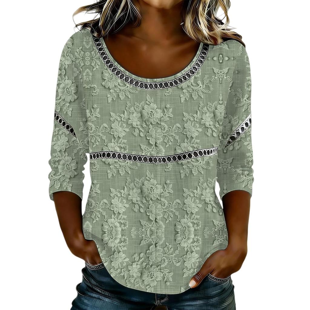 Women's Fashionable Casual Floral Print Seven Quarter Sleeved Round Neck T-Shirt Top