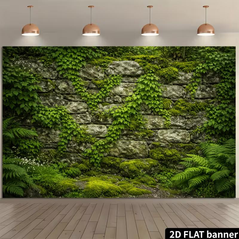 2D Enchanted Forest Wall with Greenery and Wildflowers Photo Background