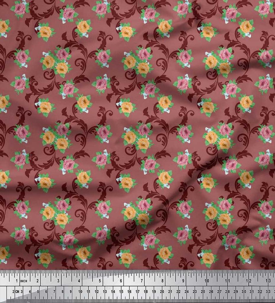 Soimoi Japan Crepe Satin Fabric Swirl,Leaves & Rose Floral Printed Fabric 1 Metre 42 Inch