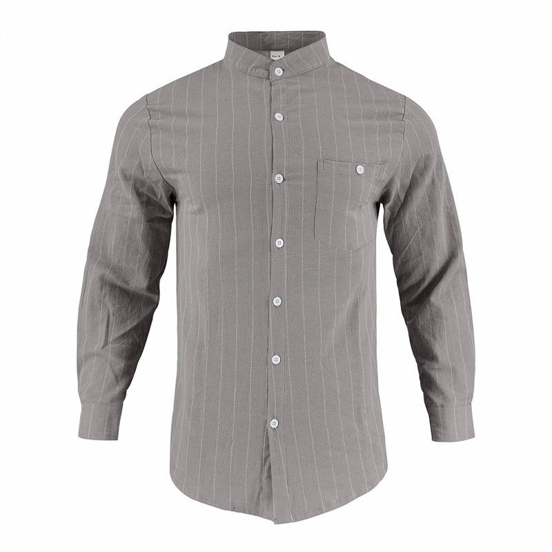 Men's Linen Stand-Up Collar Striped Shirt Spring and Autumn Casual Commuter Trend Slim-Fit Long Sleeve Shirt
