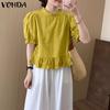VONDA Women Casual Ruffled Round Neck Summer Short Puff Sleeve Pleating Blouse