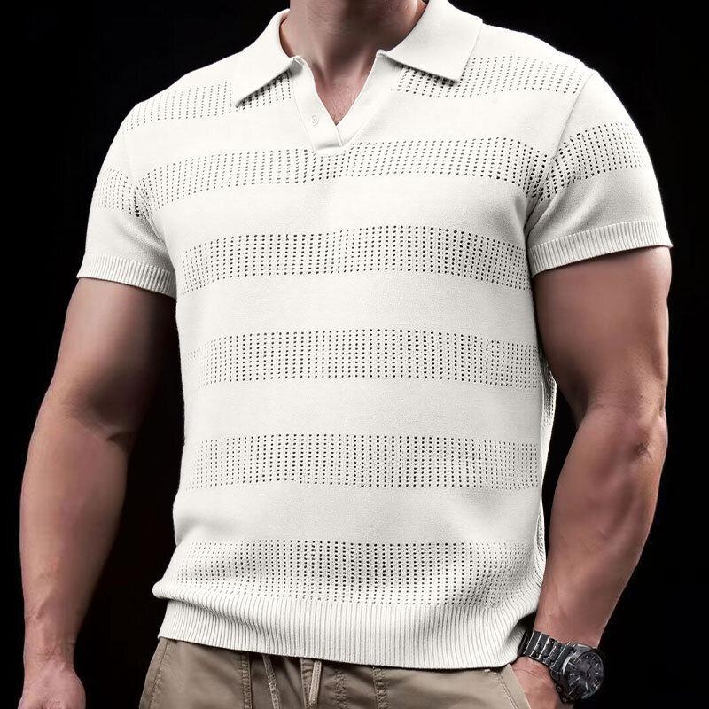 Mens Breathable Hollow Knit Short Sleeve Lapel Polo Shirt S белый