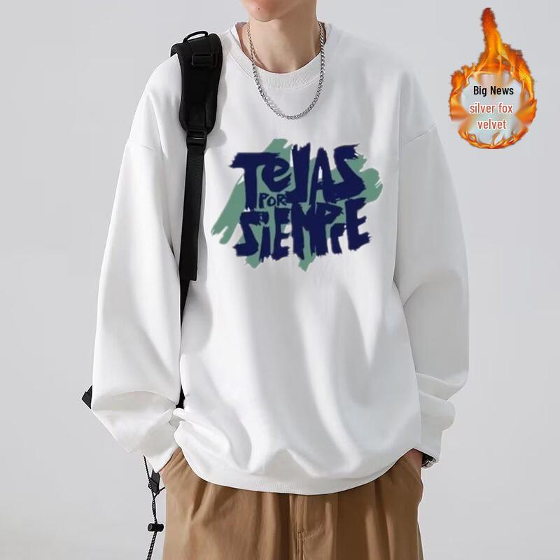 Men's Retro Silver Fox Fleece Sweatshirt - Warm, Loose, Crew Neck, Long-Sleeved, Autumn/Winter Fashion.